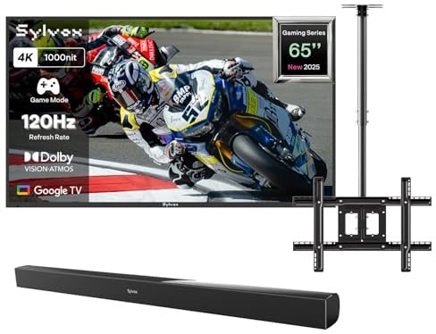 SYLVOX Outdoor TV with Cover & Ceiling Mount & Soundbar, 65 Inch 120Hz 4K Gaming TV - 1000nits Sunlight-Readable, IP55 Waterproof, Dolby Vision & Atmos, HDMI 2.1, USB 3.0, Google Assistant