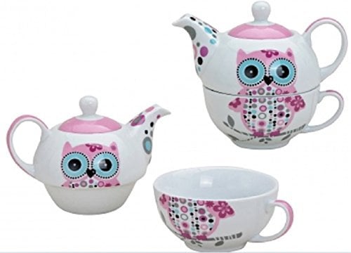 Tee-Set mit Eulen Motiv in Rosa für eine Person | Teekanne & Teetasse | Pinkes Porzellan-Teeservice in Geschenkbox | schön designte Henkel-Tasse & Henkel-Kanne für Teetrinker | Tassen-Set Tea for one