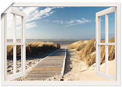ARTLAND Wanddeko Poster & Kunstdrucke Wandposter 130x90 cm Fensterblick Fenster Strand Meer Maritim Düne Leuchtturm Nordsee Langeoog T5RQ