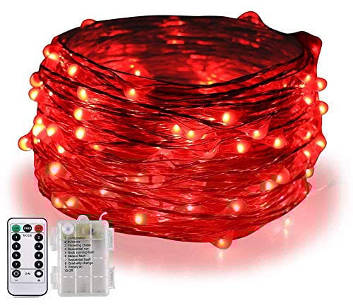 BOLWEO 5M/16.4Ft 50LEDs Battery Operated LED String Lights,Remote/Dimmable/Timer,Waterproof Copper Wire Fairy Lights for Indoor Outdoor Party Wedding Christmas Halloween Valentines Day Decoration,Red