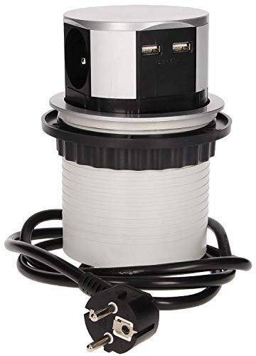 ORNO AE-1342 Bloc Multiprise Encastrable Escamotable, 3 Prises + 2X USB, 3680W Max, Ø10cm, Longueur de Câble de 1.5m, Prise de Courant de Type E