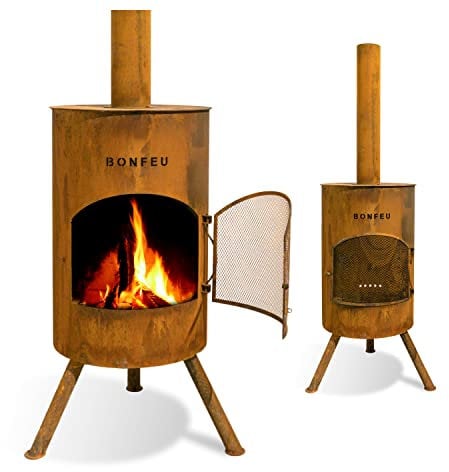 BonFeu BonTon 50 Rost - Terrassenofen - Feuerstelle mit Funkenschutz für entspannte Abende - Feuersäule Outdoor - Terrassenkamin mit Grillrost - Gartenofen aus Cortenstahl - 50x50x172cm