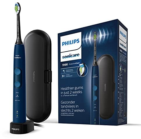 Philips Sonicare ProtectiveClean 5100 elektrische Zahnbürste, Schallzahnbürste mit 3 Putzmodi, Clean, White und Gum Care, Drucksensor, Timer und Reiseetui, Blau, Modell HX6851/53