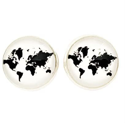 Damen Ohrstecker Welt-Karte silber Glas-Cabochon Ohrringe 12mm Motiv handmade by Schmuckphantasien world Reise Reisen travel schwarz weiß