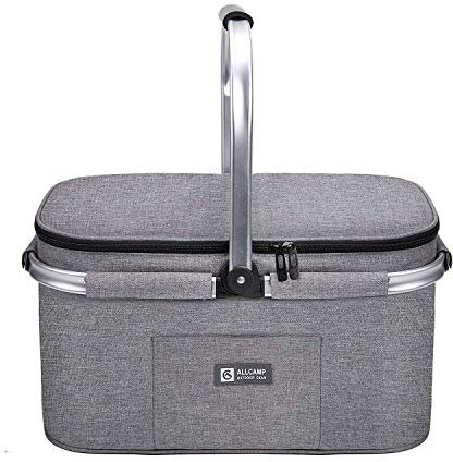 ALLCAMP Sac Pique Nique Isotherme Pliable – Glacière Souple, Doublure Étanche, Porte-Repas, Camping, Plage, 4h Isolation Chaud/Froid Gris 32L