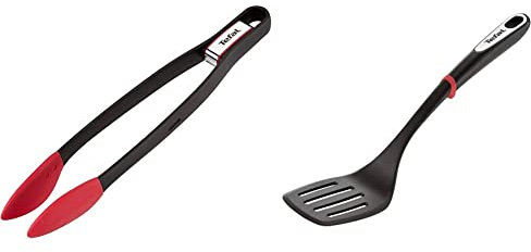 Tefal Pinzas de cocina K2060714 - Pinzas de plástico termo resistente, punta silicona, fácil de lavar negro/rojo & Espátula Ingenio - Espátula de plastico resistente y duradero,rojo/negro