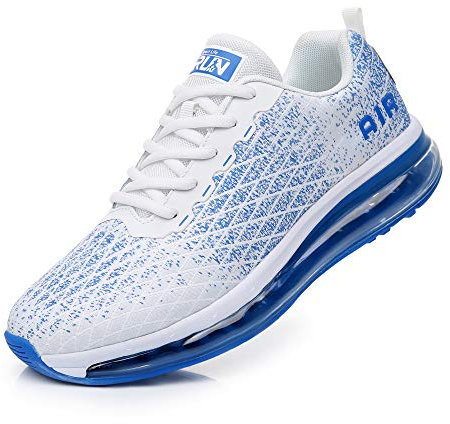 TORISKY Sneaker Herren Damen Sportschuhe Cushion Schuhe Laufschuhe Luftkissen Turnschuhe Fitness Gym Leichtes Bequem, Weiß/Blau, Größe 43EU(8998-WH/BL43)