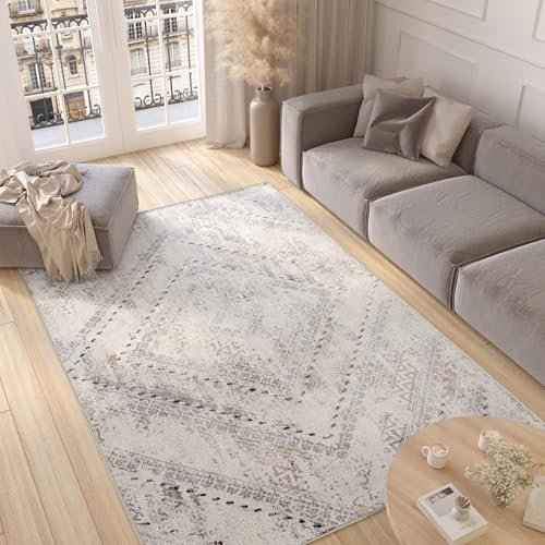 TAPISO Valley Teppich Kurzflor Grau Creme Vintage Ethno Diamant Used Effekt Modern Wohnzimmer Schlafzimmer ÖKO-TEX 80 x 150 cm