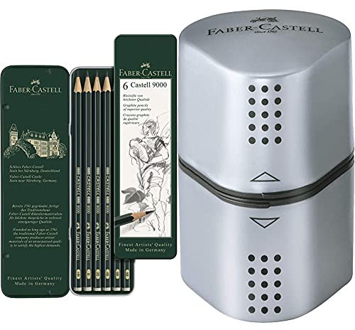 Faber-Castell 6er Etui Bleistift Castell 9000 + Dosenspitzer Grip, Silber, Metall, Stiftenschärfer, 45 x 62 x 42 mm