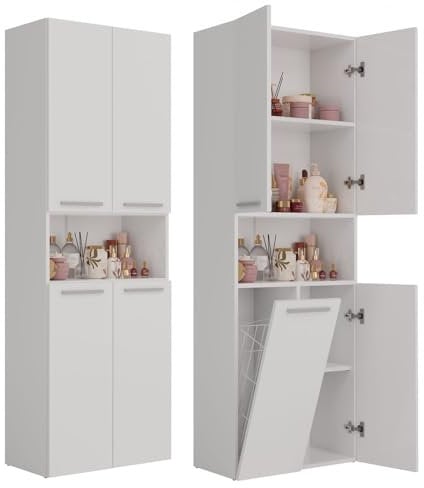ADGO - Mobile da bagno alto con 1 cesto portabiancheria integrato, autoportante (bianco opaco)