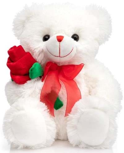 BEJOY Ours en Peluche Rose Ours avec Ruban Rouge Jouet Doux en Peluche, Cadeau pour la Saint-Valentin, 30cm Blanc