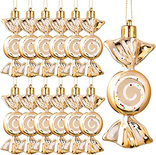 Threan 12 Weihnachtsbaum Süßigkeiten Christbaumschmuck Bonbon Glitzernde Hängende Weihnachtliche Süßigkeiten Ornamente Zuckerstangen Deko mit Goldenen Seilen(Champagner Gold,Plastik)