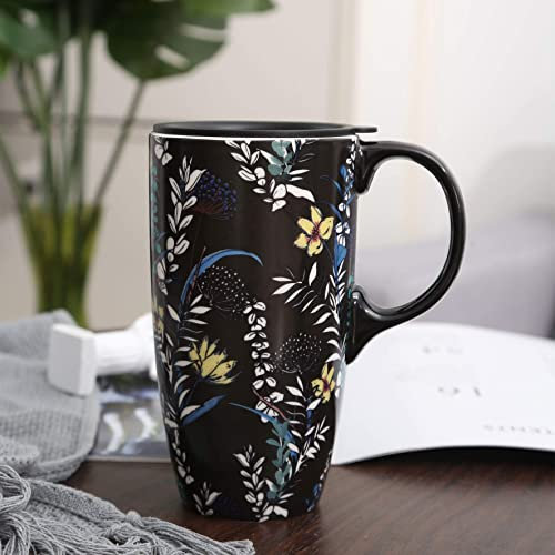 DUSVALLY Ceramic Mug Large Coffee Cup Tall Mugs Porcelain Latte Tea Cup with Lid 17oz,Black