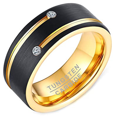 KnSam Ring Herren 8MM, Wolfram Partnerring Gebürstet mit Zirkonia für Herren, Schwarz Gold, Gr.65 (20.7)