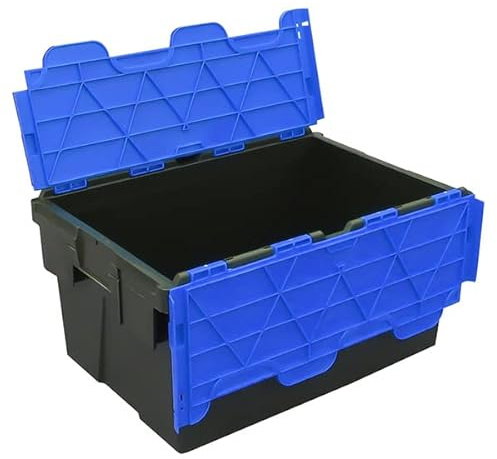 Pack of 2 - Plastic 55 Litre Heavy Duty Storage Box Tote Crates (60 x 40 x 30.6cm) Plastor Black with Blue Attached Hinged Lids