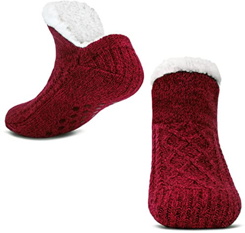 Slipper Socks for Women Men Warm Holding Sock Non Slip Knitted Thick Lined Cosy Winter Fluffy Bed Slippers Suitable for Indoor Home House Floor Red