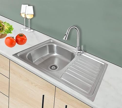 Omeere, Fregadero empotrable cuadrado pequeño, 80 x 50 cm, acero inoxidable 304, grosor de material 0,8 mm, fregadero de cocina cuadrado, 1 lavabo, fregadero bajo encimera (estante derecho)