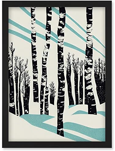 Wee Blue Coo Modern Birch Tree Forest in Winter Modern Stencil Design Monochrome and Teal Artwork Framed Wall Art Print A4