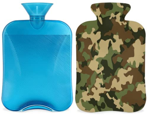Camo Hot Water Bottle with Fluffy Cover, 2L Large Capacity Hot Water Bottles for Kids Men Women, Camo Green Warm Water Bottle for Cosy Nights, Pain Relief, Back