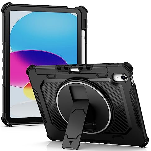 Gerutek Hülle für iPad 10 Generation 10.9 2022, Stoßfeste Robust 2-Lagen Panzerhülle mit 360 ° Drehbar Stände, Stifthalter, Schutzhülle für iPad 10.Generation, Schwarz