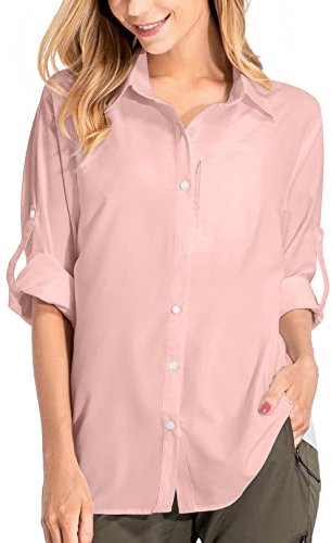 mosingle Chemise de safari pour femme - Protection solaire - Séchage rapide - Léger - Manches longues - Chemisier de voyage pour femme - Randonnée et camping, 5019# Rose, S