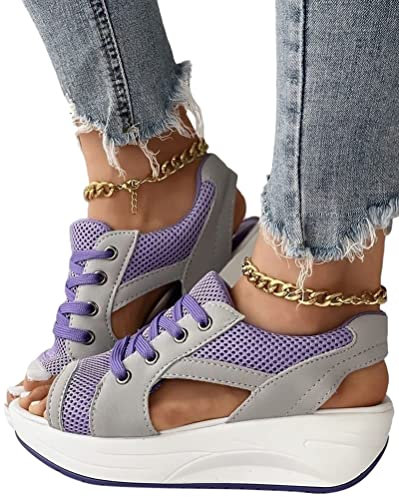 Minetom Sandali Donna Estivi Slingback Plateau Sandali Sportivi Mesh Morbida Suola Scarpe Sandali Spiaggia con Punta Aperta A Viola 38 EU
