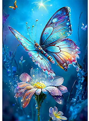 DAERLE Diamond Painting Erwachsene Kinder, 5d Diamant Painting Bilder Blauer Schmetterling Set, Blume Diy Diamant Malerei Crystal Strass Stickerei für Room Wall Décor 30x40cm