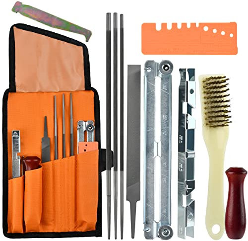 BATINO Kit Affutage Chaine Tronçonneuse Universel avec Des Fichiers 5/32 et 3/16 et 7/32, Poignée en Bois, Jauge Profondeur, Guide, Poche D'outil et Pince de Serrage pour Tronçonneuse
