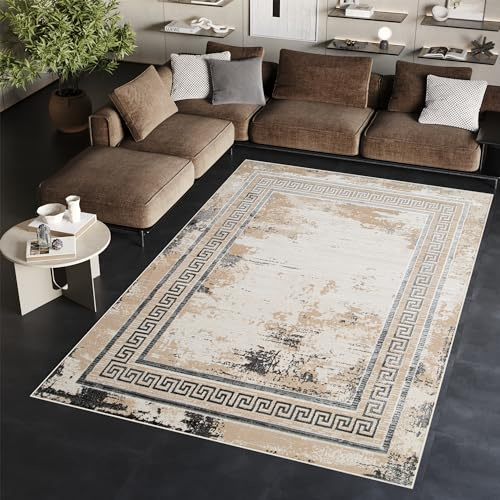 TAPISO Ares Teppich Kurzflor Glänzend Grau Beige Rahmen 120 x 170 cm | Bordüre Barock Klassisch 3D Effekt Wohnzimmer Schlafzimmer OEKO-TEX