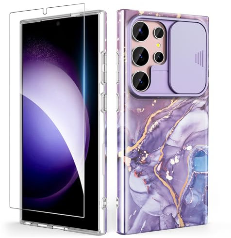 SHEDEER for Samsung S24 Ultra Case with Slide Camera Cover + Screen Protector, Samsung Galaxy S24 Ultra Case Slim Fit Lightweight, Glossy Fade-Resistant Pattern Design Phone Cover (Purple)