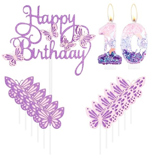 mciskin Butterfly Happy 10th Birthday Candles,Butterfly Cake Decorations,Pink Purple Number 10 Candle for Cake,Purple Cupcake Toppers Girls,Glitter Pink Topper for Girls' 10th Birthday Decorations