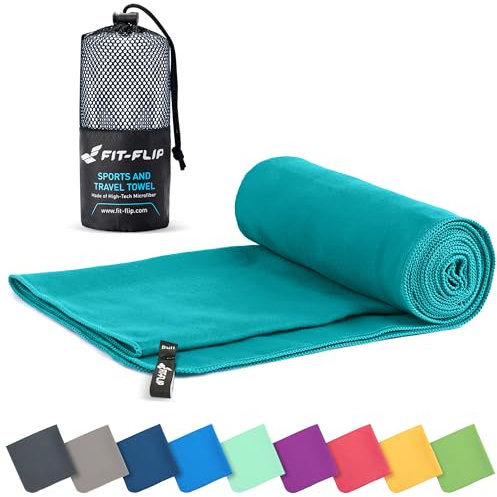 Fit-Flip Microfibre towel - compact, ultra lightweight & quick dry - perfect for gym, travel & beach - swimming towels for sports, camping & hiking (50x100cm petrol + bag)