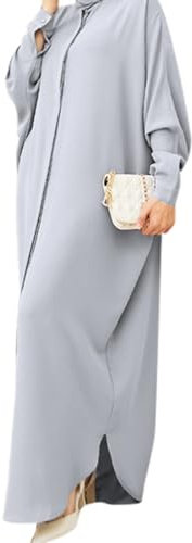 IWEMEK Women Batwing Long Sleeve Abaya Jilbab Full Length Loose Fit Long Maxi Muslim Dress Button Closure Dubai Arabic Islamic Turtish Kaftan Middle Eatern Prayer Robe Grey One Size