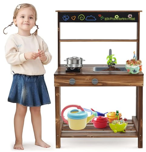 Maxmass Kids Mud Kitchen, Wooden Toddler Play Kitchen with Rotatable Faucet, Removable Sink, Blackboard, Realistic Stoves & Knobs, Pan, Pot, Indoor Outdoor Fir Wood Toy Kitchen for 3-7 Years Old