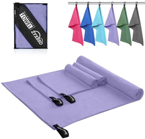 ZYXBBD Microfaser Handtücher 3 Stück(160x80cm Groß Badetuch +2 Stück 80x40cm Klein Handtuch)- Kompakt Schnelltrocknend Microfiber Gestreiftes Towel als Reisehandtuch, Sporthandtuch Badetuch Groß Lila