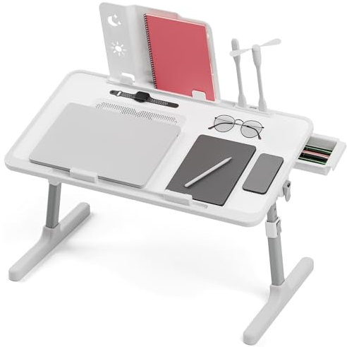 cadciehe Escritorio de regazo para laptop, mesa con bandeja para laptop que incluye ventilador de refrigeración, escritorio ajustable con ventilador de luz, escritorio plegable para laptop con USB,