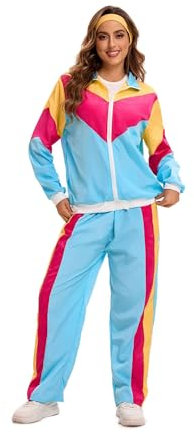 Velcoxplay Women's 80s 90s Retro Tracksuit Disco Suit Jacket Trousers for Carnival Fancy Dress Costume, Blue and Pink, M