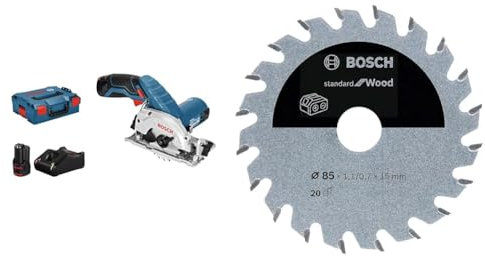 Bosch Professional 12V System scie circulaire sans-fil GKS 12V-26 (Ø de lame : 85 mm, avec 2 batteries 3,0 Ah et chargeur, dans L-BOXX 136) + 1x Lame de scie circulaire Standard for Wood