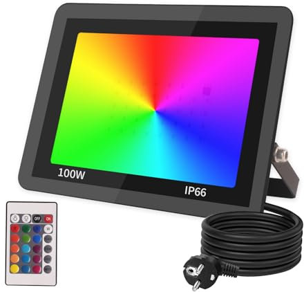 JBdusn RGB LED Strahler 100W Fluter Außen Mit Fernbedienung, Flutlichtstrahler 16 Farben 4 Modi Farbwechsel Flutlicht LED Innen, IP66 Wasserdicht Außenstrahler Scheinwerfer Garten Stimmungslichter
