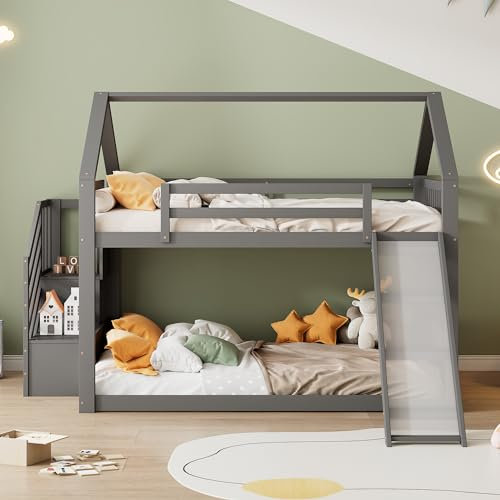Kinderbett 140x200 Etagenbett für 2 Kinder, Hausbett Hochbett mit Rutsche und Stauraumtreppe, Doppelbett mit Rausfallschutz und Lattenrost, Multifunktionsbett Stockbett Spielbett, Ohne Matratze, Grau