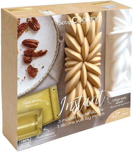 ScrapCooking - Coffret Moules Bûche de Noël « Instant » - 3 Moules Silicone Bûche 3D, Insert & Tapis Génoise - Avec Recettes - Gouttière Souple Pâtisserie - Doré - 1940