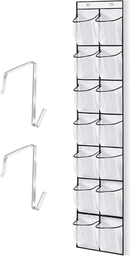 SKJAXF Over Door Shoe Storage, Door Shoe Rack with 14 Large Mesh Pockets, with 2 Hooks, for Narrow Closet, Bedroom, Bathroom Organizer Tidy(White, 160 * 29cm / 62.9 * 11.4in)