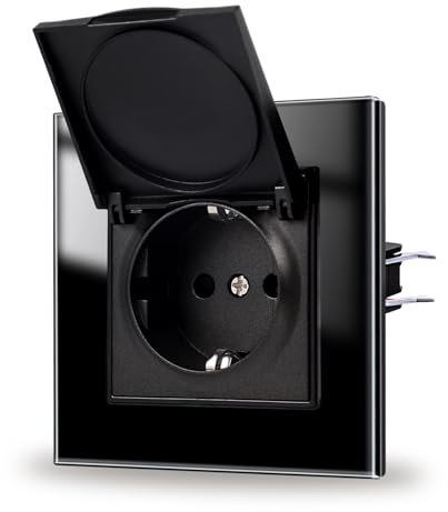 Jimeida Receptáculo empotrado, negro, 16 A, enchufes de vidrio con tapa impermeable, 86 x 86 mm, 250 V