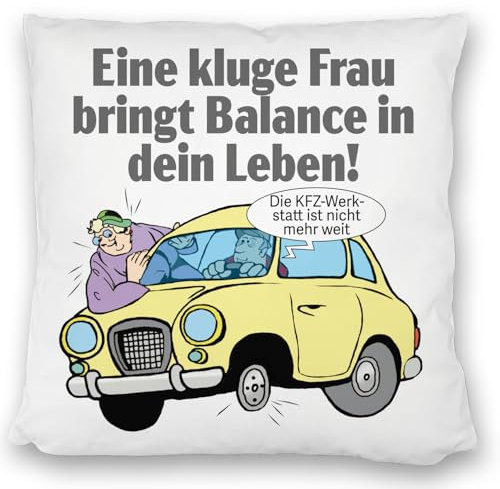 Kluge Frau bringt Lebensbalance Kissen satiniert Lustiges Geschenk für Gleichgewicht in Beziehungen Kluge Frau hält Mann in Balance trotz Auto und Rad