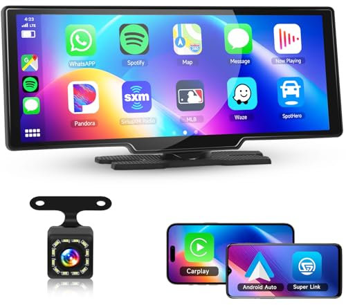 Hodozzy Radio Portátil para Coche con CarPlay y Android Auto Inalámbrico, Pantalla Táctil de 10,26 Pulgadas HD 1080P, Bluetooth, Super Link, Control de Voz, Actualización OTA, FM/TF/AUX y AHD Cámara