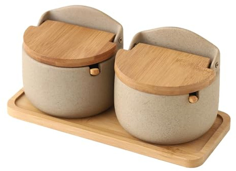 Saliera in ceramica – Contenitore per sale e condimenti | 2 x porta sale in legno, contenitore per sale da cucina, barattolo in ceramica con coperchio, resistente per piano di lavoro e cucina