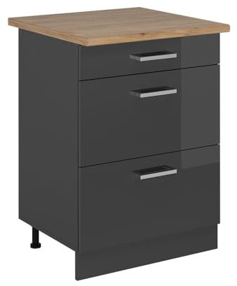 Vicco Mueble bajo de Cocina R-Line, Antracita Alto Brillo, 60 cm con cajones, ET Roble