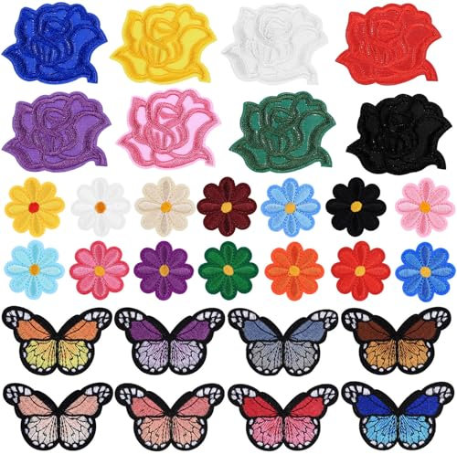 30 Pcs Embroidered Patches - 8 Butterfly, 14 Daisy, 8 Rose Iron On & Sew On Appliques for DIY Clothes, Backpacks, Jackets, Shoes