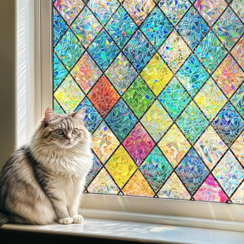 Qualsen Film Fenetre Anti Regard Effet Arc-en-Ciel 30 x 200cm, Electrostatique Vitre Motif en Losanges Anti UV Non Adhesif Vitrail Autocollant Fenetre Décoratif Brise Vue Fenetre pour Chambre Cuisine