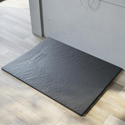 SUNXURY SMC Duschwanne 120x90 cm, ‎Grau mit Siphon, Flach, Rutschfeste Struktur | Inklusive Ablaufgarnitur Ø 90 mm | Duschtasse flach | Spezielles Design für eine versteckte Ablaufgarnitur